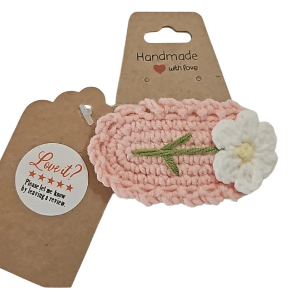 Hand Crafted Crochet Snap Hair Clip Pink and white Flower handmade embroidery